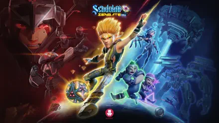 Sendokai Champions 4K Ultra HD PC desktop wallpaper: dynamic split-scene with blond hero kicking a glowing orb, teammates and robotic foes amid red and blue energy.