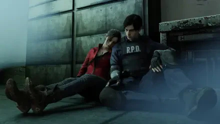 Resident Evil 2 (2019) 8K Ultra HD PC desktop wallpaper and background: Leon S. Kennedy in an R.P.D. uniform and Claire Redfield lean exhausted against a grim, tiled corridor wall.