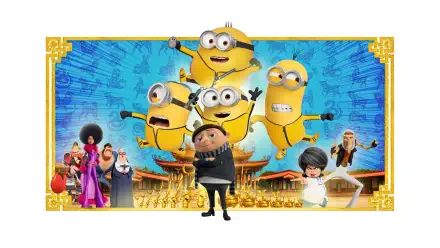 Minions: The Rise of Gru 4K Ultra HD PC wallpaper — Gru front center with five Minions jumping and posing before an ornate blue-and-gold backdrop with other characters.