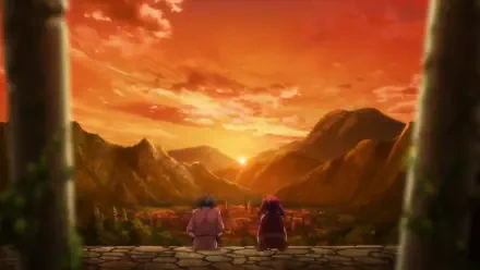 HD PC desktop wallpaper — Tsuyokute New Saga: two characters sit on a stone terrace watching a golden sunset over mountain valleys.