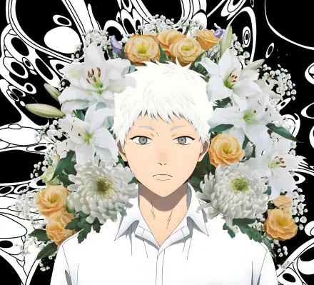 Indou Hikaru from The Summer Hikaru Died framed by white lilies and pale roses, calm expression — 4K Ultra HD PC desktop anime wallpaper.