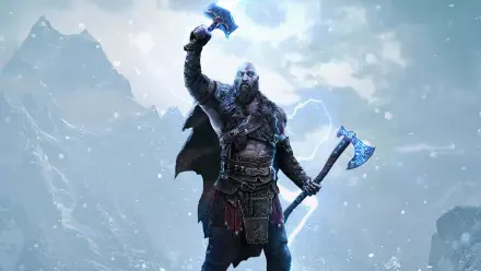 HD PC wallpaper: Kratos from God of War: Ragnarök raises Mjölnir amid lightning and snow, wielding an axe against a stormy mountain backdrop.