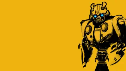 Bumblebee (Movie) HD PC desktop wallpaper — stylized yellow robot with glowing blue eyes on a solid yellow background, positioned right with open negative space on the left.