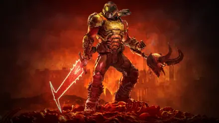 DOOM Eternal 4K Ultra HD PC desktop wallpaper: Doom Slayer in armor stands on a pile of corpses in a fiery hellscape, wielding a glowing blade and a severed demon head.