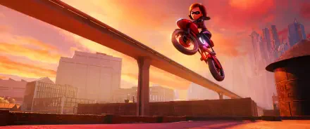 Elastigirl from The Incredibles 2 soars on a red motorcycle over a sunlit city bridge at sunset — HD PC desktop wallpaper/background.