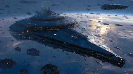 Sci-fi capital ship and escort fleet over a planet, sunlit reflections on the armored hull; 4K Ultra HD PC desktop wallpaper background.