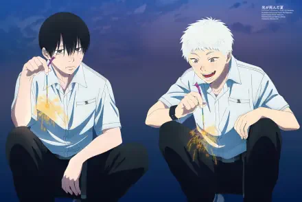 Anime HD PC desktop wallpaper from The Summer Hikaru Died: Indou Hikaru and Tsujinaka Yoshiki in school shirts, crouched and playing with sparklers under a dusky blue sky.