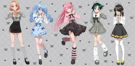Anime HD PC desktop wallpaper: The Shiunji Family Children — five stylish girls in pastel and gothic outfits posing on a patterned gray background.