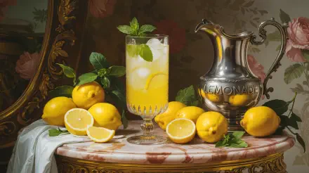 Lemonade still life with a glass of iced lemonade, whole and sliced lemons and a silver pitcher on a marble table — 4K Ultra HD PC desktop wallpaper and background.