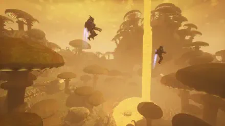 HD PC desktop wallpaper: golden, otherworldly video game scene titled 'Abiotic Factor' showing two jetpacking figures hovering among giant mushroom-like rock formations with a vertical light beam.