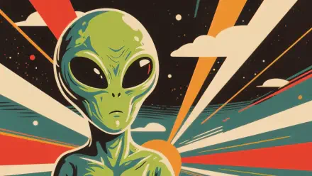 4K Ultra HD PC desktop wallpaper: retro green extraterrestrial with large black eyes set against colorful rays, stars and stylized clouds in a cosmic scene.