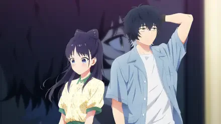 HD PC wallpaper of WITCH WATCH characters Nemu Miyao and Keigo Magami — Nemu in a yellow blouse with dark ribbon, Keigo in a casual blue shirt, posed against a moody, shadowed backdrop.