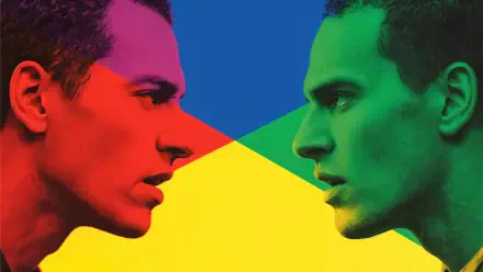 Confrontation: two mirrored profiles—one red, one green—face off over blue and yellow geometric fields. 4K Ultra HD PC desktop wallpaper/background.