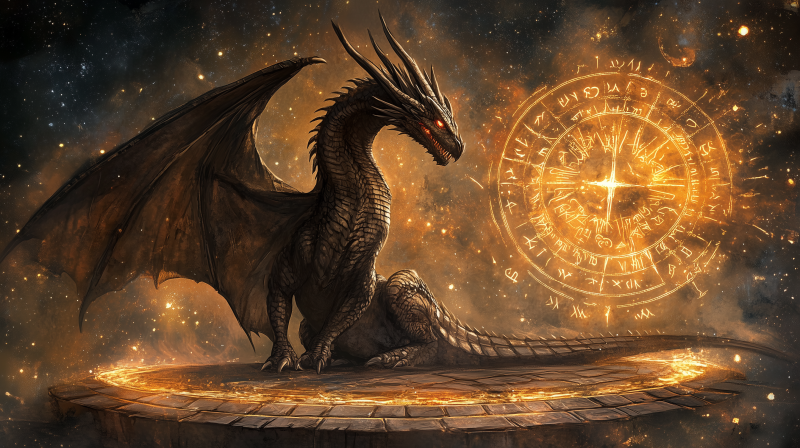 {{ A majestic black dragon with glowing eyes stands on a circular platform, surrounded by swirling golden runes and a cosmic background, creating an enchanting HD desktop wallpaper. 