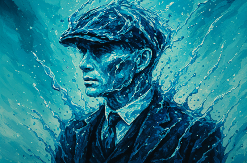 {{ Digital 4K Ultra HD PC wallpaper of Thomas Shelby, depicted in icy blue tones with water splash effects surrounding his figure. 