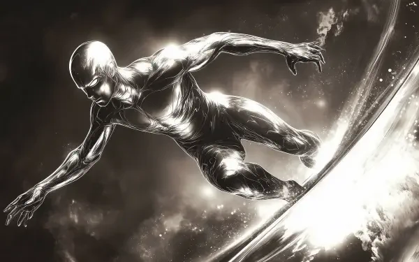 A striking HD wallpaper featuring the Silver Surfer, captured in dynamic motion on his surfboard against a cosmic backdrop, highlighting his sleek, metallic figure and ethereal surroundings.