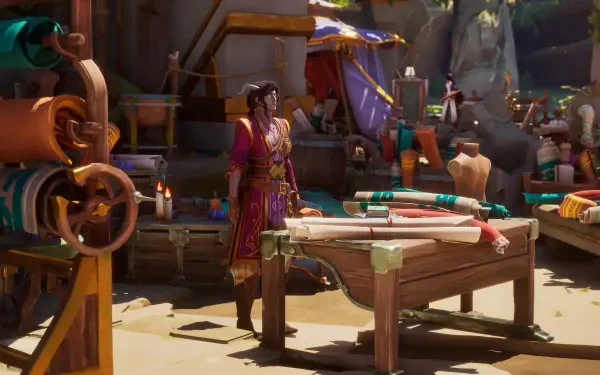 A vibrant scene from the video game 'Eternal Strands,' showcasing a character standing near a crafting table, surrounded by colorful fabrics and market stalls in a lively environment.