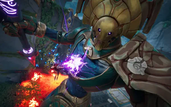 A striking 4K Ultra HD image from the video game Eternal Strands, featuring a powerful character wielding vibrant energy against a colorful backdrop.