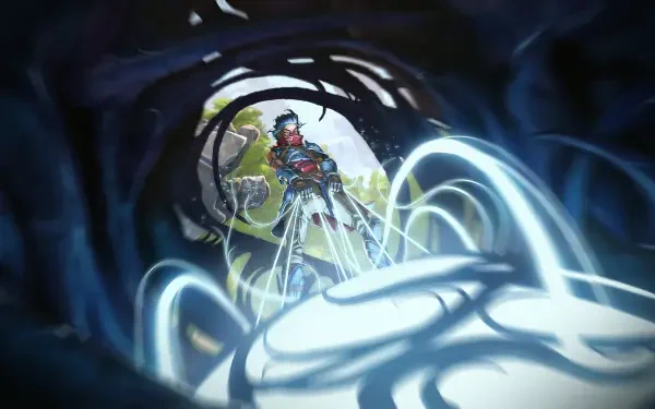 A dynamic HD wallpaper from the video game Eternal Strands, featuring a character surrounded by swirling energy and abstract shapes, set against a vibrant background.