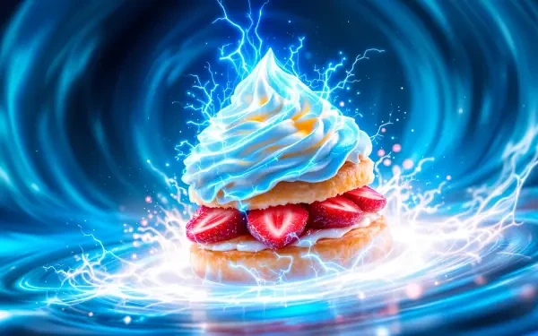 A vibrant 4K Ultra HD wallpaper showcasing a whimsical Strawberry Shortcake topped with blue frosting and fresh strawberries, surrounded by a dynamic, electrifying background.