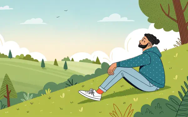 A chill guy sits contentedly on a grassy hill, surrounded by lush trees and a serene landscape, capturing a peaceful moment in this 4K Ultra HD desktop wallpaper.
