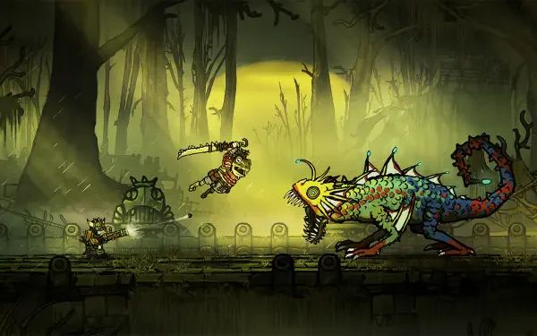 HD wallpaper from Tails of Iron 2: Whiskers of Winter, showcasing a fierce character battling a vibrant monster in a dark, mystical setting.