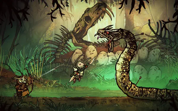 A vibrant 4K Ultra HD wallpaper from Tails of Iron 2: Whiskers of Winter, featuring a character engaging a menacing snake in a richly detailed, mystical environment.