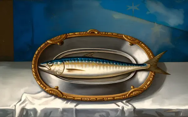 A beautifully rendered sardine displayed on an elegant platter against a softly colored background, perfect for a 4K Ultra HD PC desktop wallpaper.
