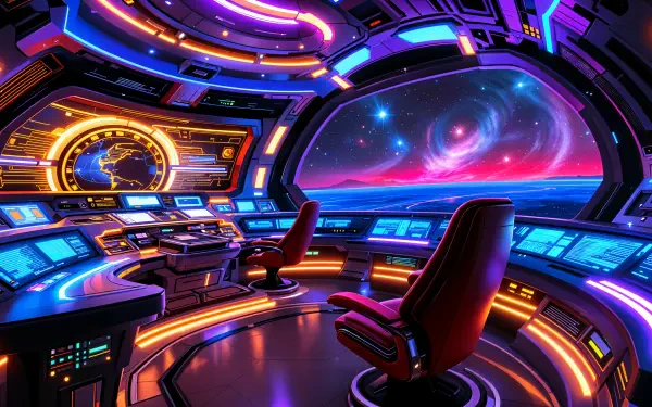 A vibrant starship bridge features illuminated control panels and two red chairs, with a stunning cosmic view of galaxies through the panoramic window. 4K Ultra HD desktop wallpaper.