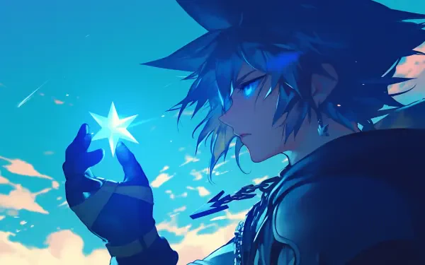 HD wallpaper of Sora from Kingdom Hearts, holding a glowing star against a vibrant sky, capturing the essence of adventure and magic in the game.