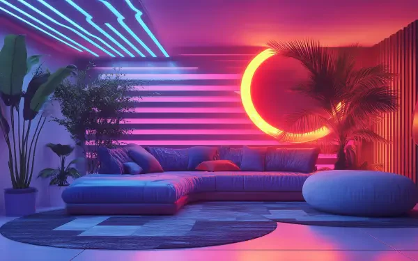 A vibrant, futuristic room featuring a plush sofa, neon accents, and geometric patterns. Lush plants enhance the maximalist design, creating a visually stunning HD wallpaper.