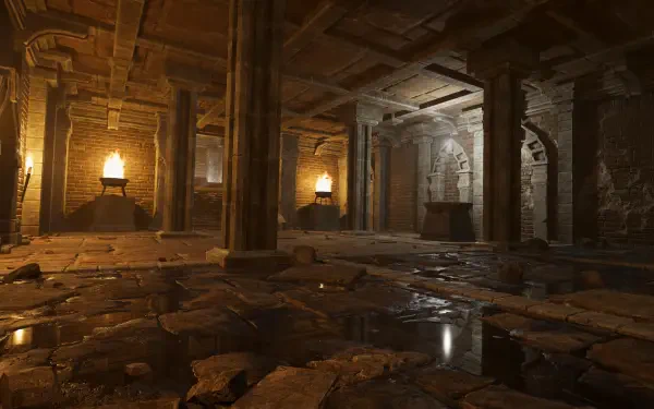 An atmospheric HD wallpaper from the video game The Quinfall, featuring a dimly lit underground chamber with stone pillars, reflective water, and glowing torches, enhancing its mysterious vibe.