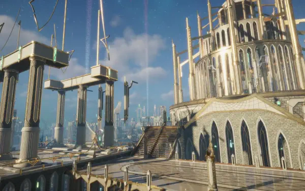 A stunning HD desktop wallpaper from the video game The Quinfall, showcasing a grand architectural landscape with towering structures and a bright blue sky.