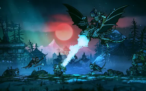 4K Ultra HD wallpaper from Tails of Iron 2: Whiskers of Winter, showcasing a dark fantasy scene with a dragon overhead and fierce characters battling amidst a moody landscape.