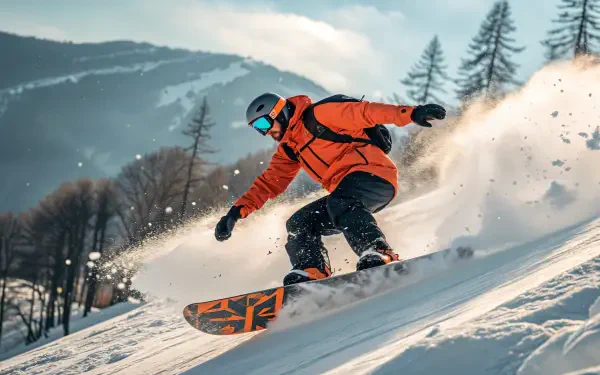 A snowboarder in an orange jacket glides down a snowy slope, surrounded by mountain scenery and trees, captured in a vibrant 4K Ultra HD PC desktop wallpaper.