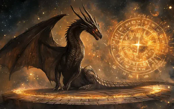 A majestic black dragon with glowing eyes stands on a circular platform, surrounded by swirling golden runes and a cosmic background, creating an enchanting HD desktop wallpaper.