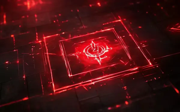 HD PC desktop wallpaper featuring a glowing red rune with technological, futuristic design elements on a dark background.