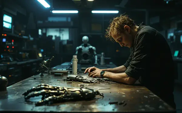 A focused cyberneticist works intently at a cluttered table filled with robotic parts in a dimly lit lab, showcasing advanced technology and innovation in a 4K Ultra HD wallpaper.
