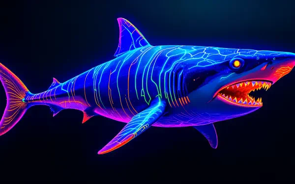 A vibrant 4K Ultra HD image of a Megalodon, featuring striking neon colors and intricate details, set against a dark background, ideal for a bold desktop wallpaper.