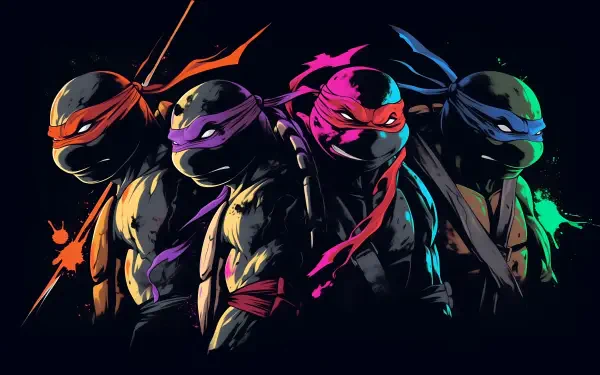 Teenage Mutant Ninja Turtles 4K Ultra HD PC desktop wallpaper and background: four neon-splashed turtles wearing red, blue, purple, and orange bandanas posed against a dark backdrop.