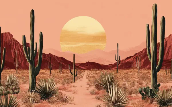 A vibrant desert painting featuring warm colors, tall cacti, and a large sun setting behind red mountains, creating a serene landscape for a HD desktop wallpaper.
