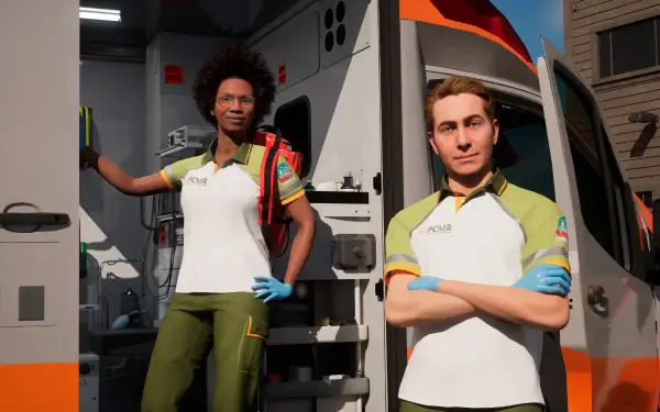 A striking 4K Ultra HD wallpaper from the video game Ambulance Life: A Paramedic Simulator, featuring two medical professionals in an ambulance setting.
