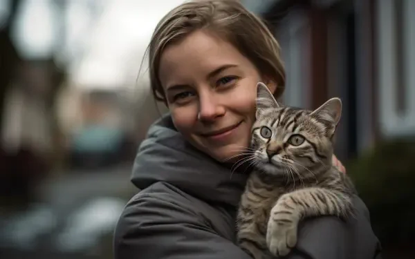 AI art 8K Ultra HD PC desktop wallpaper and background: a smiling person in a coat cradles a tabby cat against a softly blurred street scene.