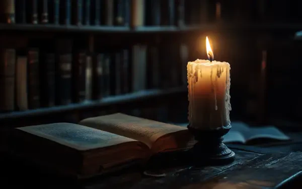 A dimly lit library exuding dark academia vibes, featuring an open book next to a flickering candle, casting a warm glow amidst the rows of books.