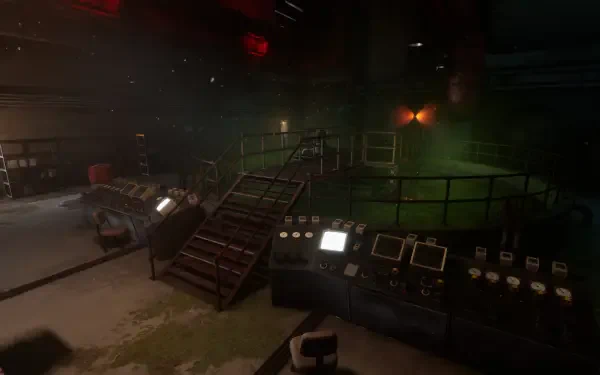 A HD desktop wallpaper featuring a dimly lit industrial setting from Poppy Playtime: Chapter 4, showcasing machinery and a staircase in an eerie atmosphere.