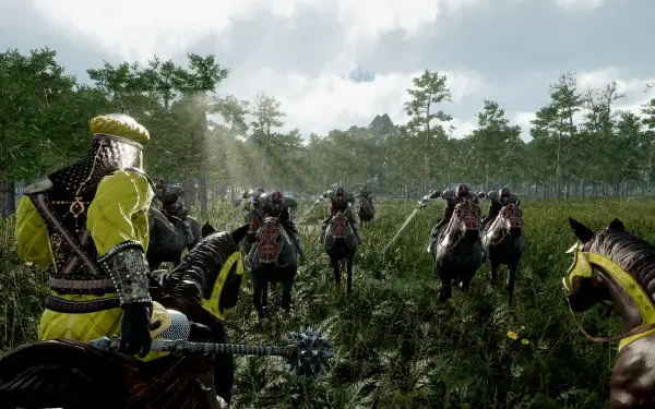 A captivating HD wallpaper from the video game Eyes of War, featuring armored warriors on horseback amidst a lush, green landscape under a dramatic sky.