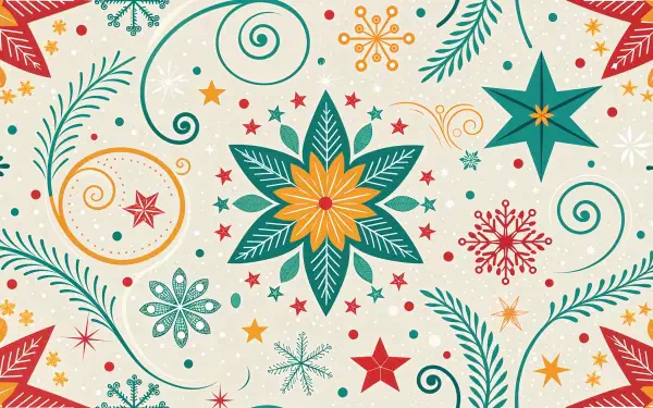 A vibrant festive pattern featuring floral and star motifs in red, green, and yellow against a neutral background, designed as a 4K Ultra HD PC desktop wallpaper and background.