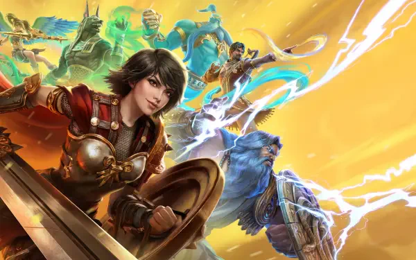 A vibrant 4K Ultra HD wallpaper featuring characters from Smite 2, showcasing heroes in an action-packed scene with dynamic colors and effects.