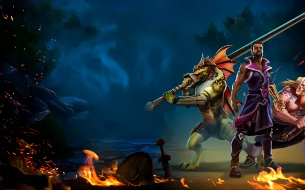 A vibrant HD wallpaper featuring characters inspired by the video game Runescape and the Dragonborn, set against a mystical backdrop with flames and shadows.