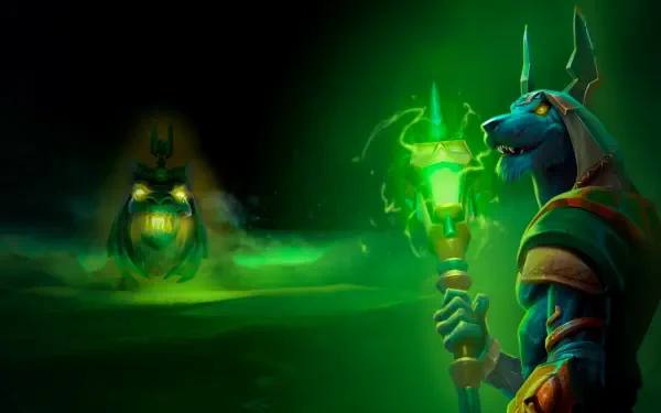 HD PC wallpaper of Anubis from the video game Runescape, featuring a glowing green aura and mystical, ancient Egyptian-themed design.